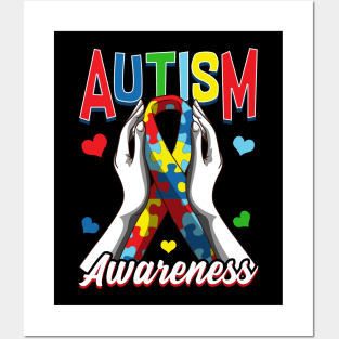 Colorful Autism Awareness Day Puzzle Ribbon Posters and Art